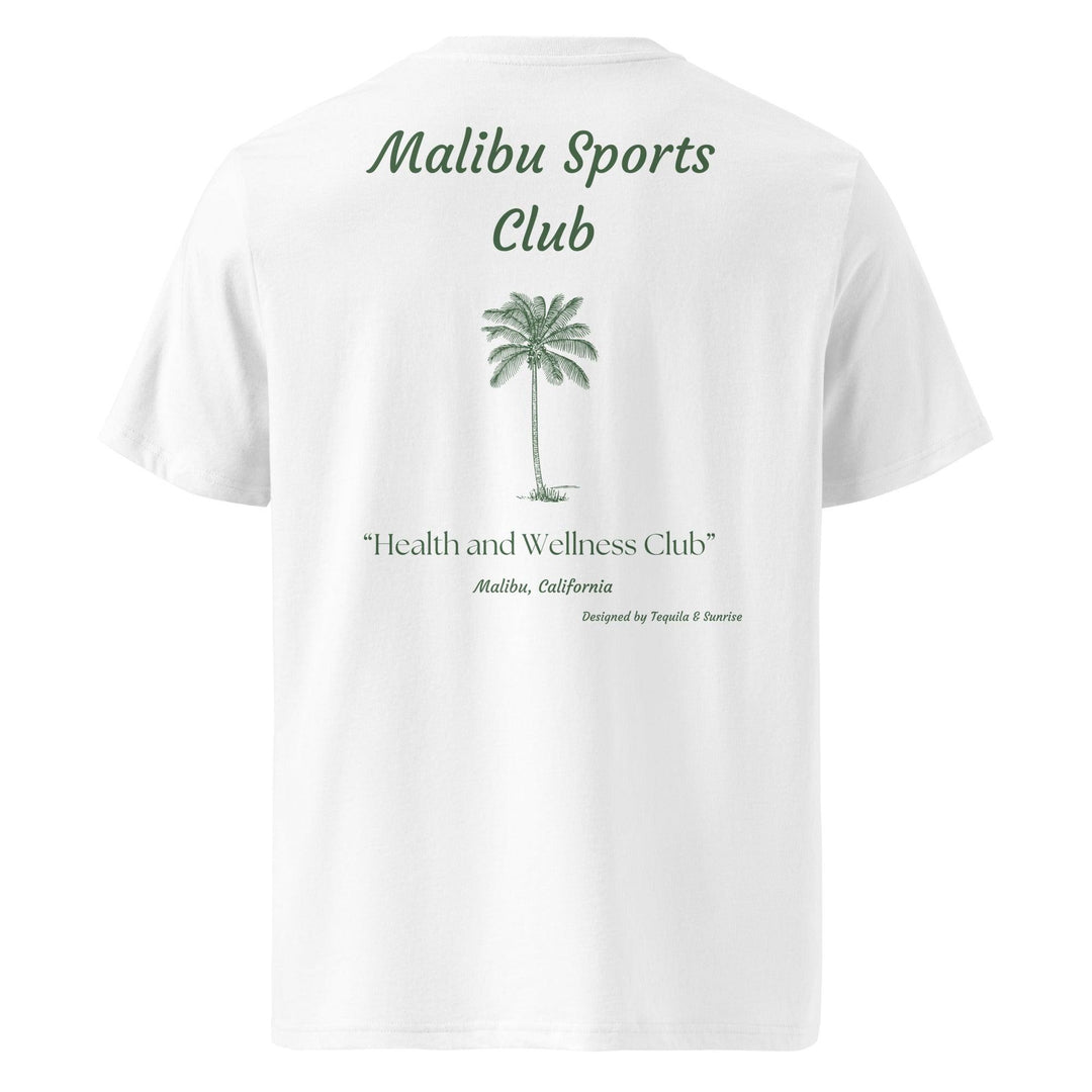 Malibu Sport Clubs Organic T-shirt by Tequila & Sunrise showcases a a palm tree graphic and the text "Health and Wellness Club" in green on the back, crafted from organic materials for eco-conscious fashion enthusiasts.