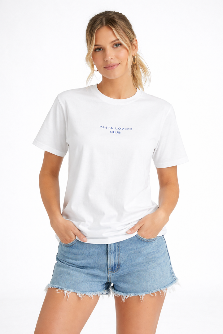Woman wearing a white t-shirt with 'Mama Lovers Club' text and denim shorts on a white background