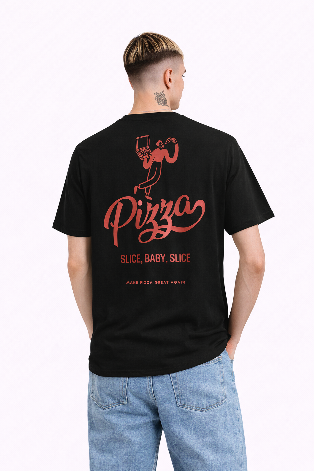 Person wearing a black t-shirt with red pizza graphic and text on the back