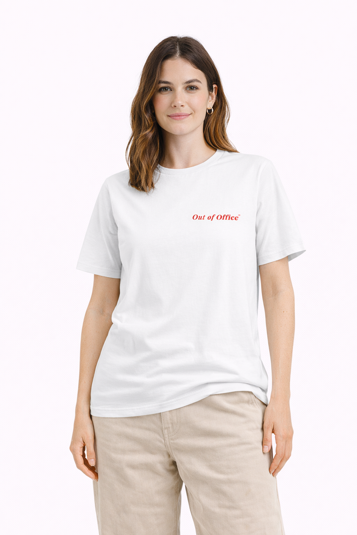 Woman wearing a white t-shirt with red text on a white background