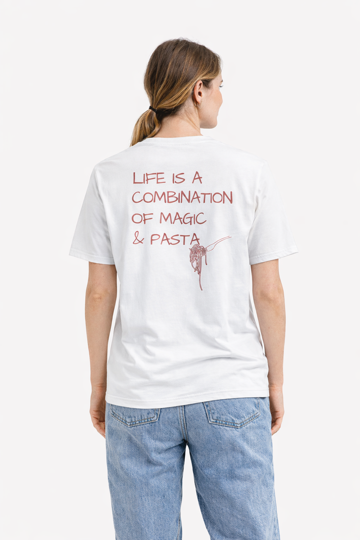 Person wearing a white t-shirt with text on the back, standing against a white background