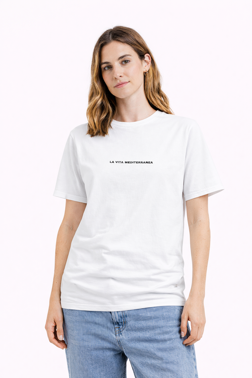 Woman wearing a white t-shirt with text on a white background