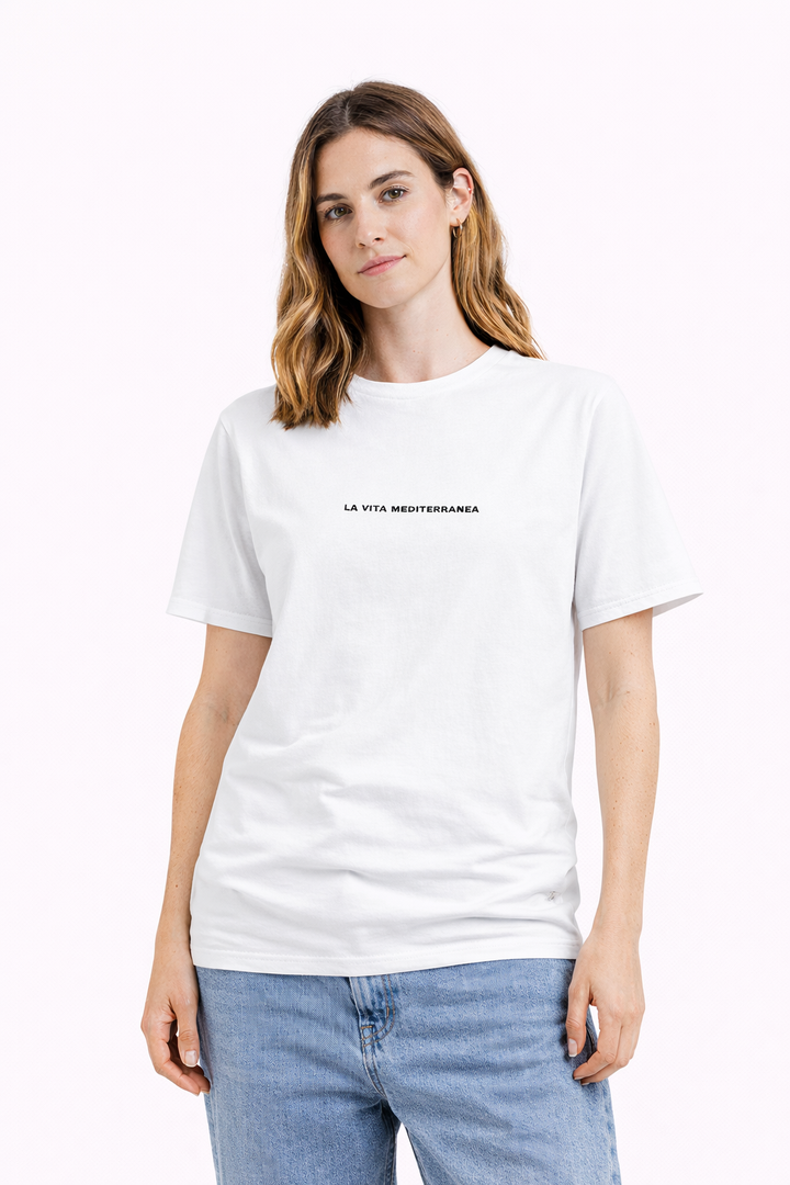 Woman wearing a white t-shirt with text on a white background