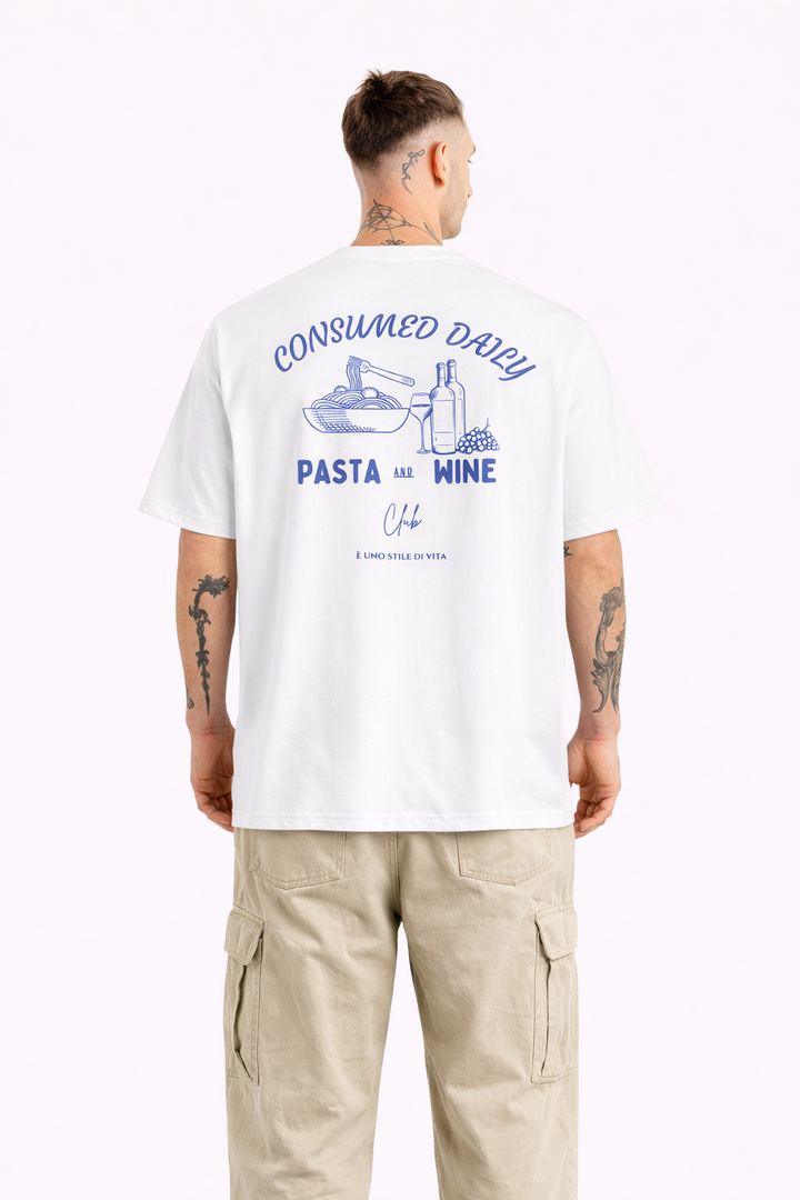 Person wearing a white t-shirt with text and graphics on the back, standing against a white background.