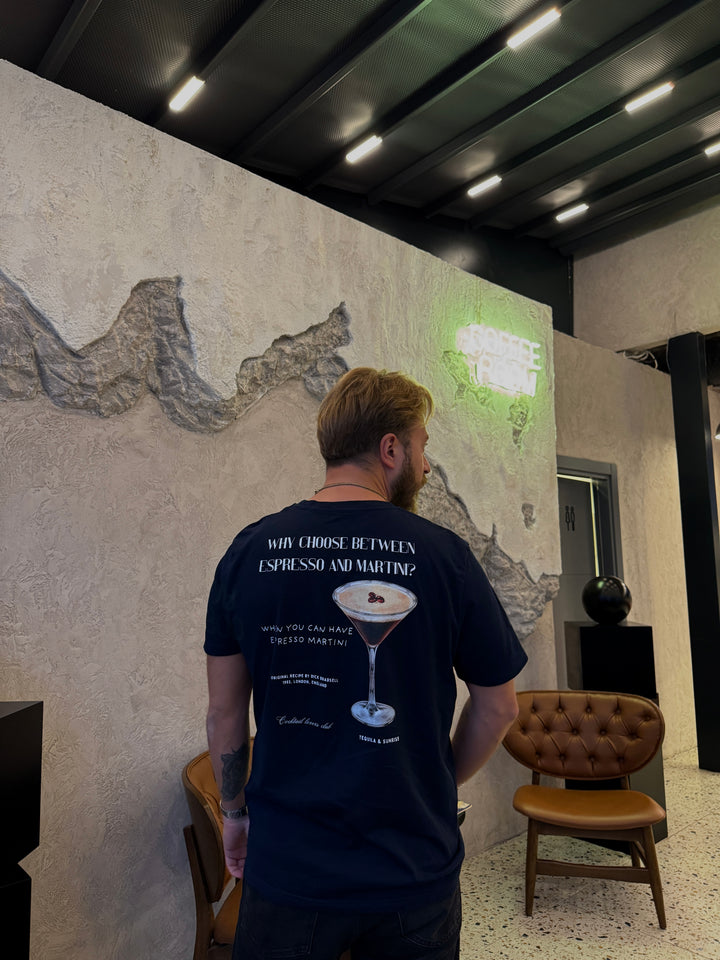 Man wearing Espresso Martini Organic T-shirt, featuring a cocktail graphic and the phrase 'Why choose between Espresso and Martini?'