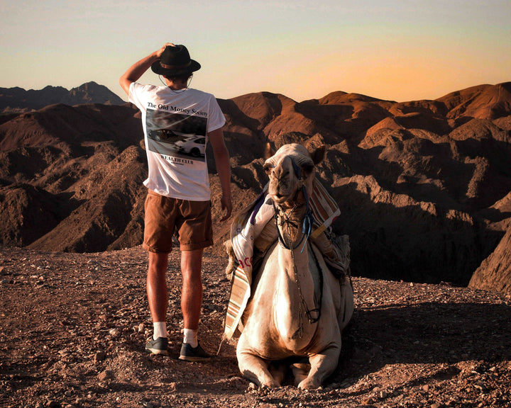 A person wearing The Old Money Society Organic T-shirt by Tequila & Sunrise stands next to a seated camel on a rocky landscape with mountains in the background during sunset.