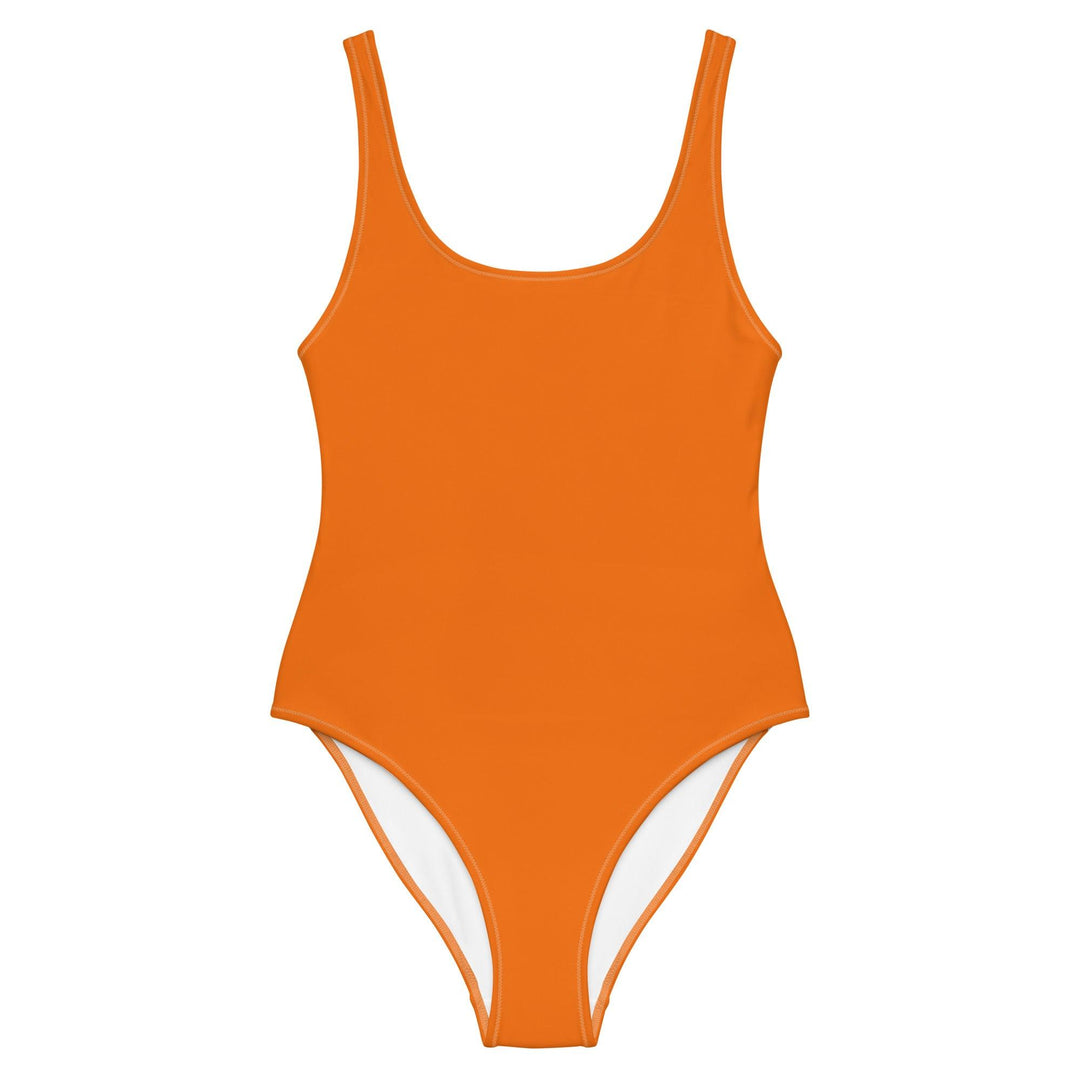 Orange one-piece women's swimsuit with a deep scoop neckline and wide shoulder straps, designed for a sleek and flattering fit by Tequila & Sunrise.