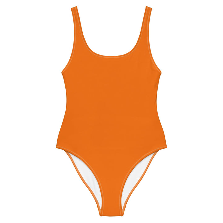 Orange one-piece women's swimsuit with a deep scoop neckline and wide shoulder straps, designed for a sleek and flattering fit by Tequila & Sunrise.