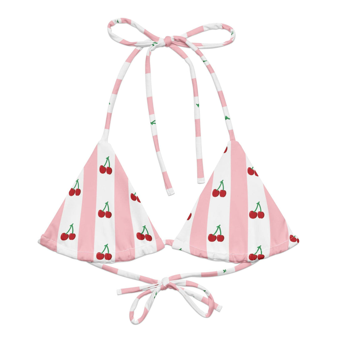 Cherry string bikini top with adjustable ties, featuring a vibrant cherry print against a white background.