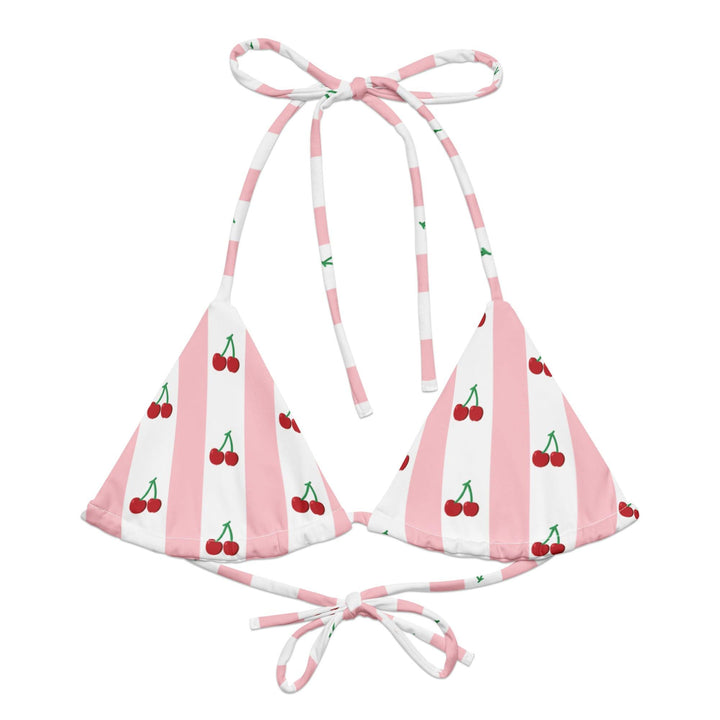 Cherry string bikini top with adjustable ties, featuring a vibrant cherry print against a white background.