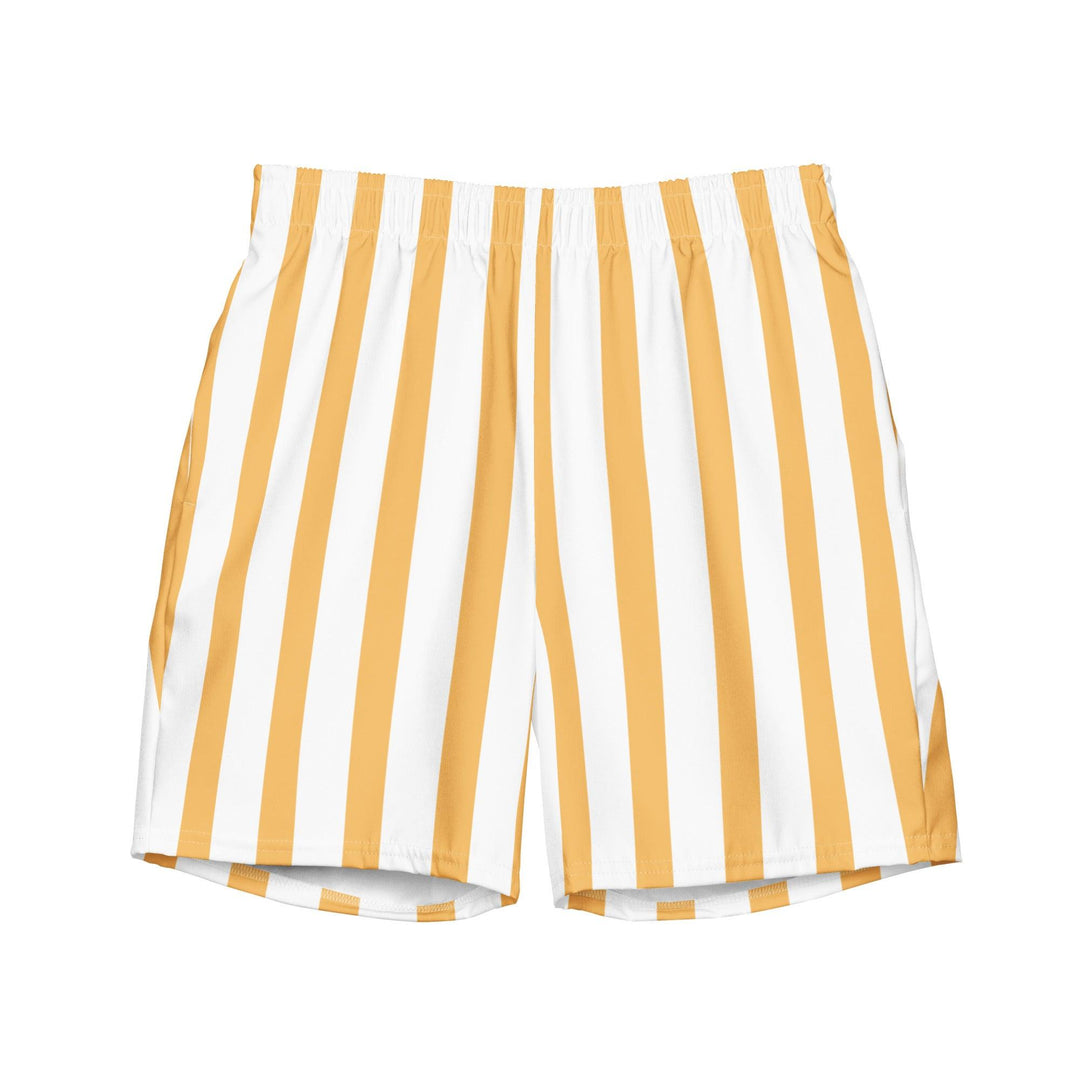 Yellow and white striped recycled swim trunks, designed for beach or pool wear, eco-friendly, by Tequila & Sunrise.