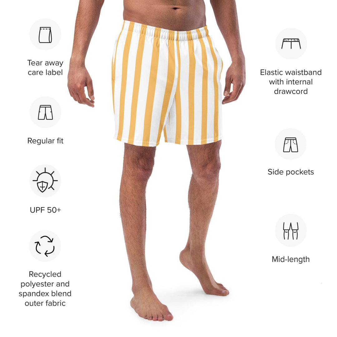 Yellow and white striped recycled swim trunks displaying its features by Tequila & Sunrise