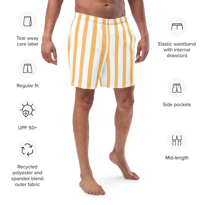 Yellow and white striped recycled swim trunks displaying its features by Tequila & Sunrise