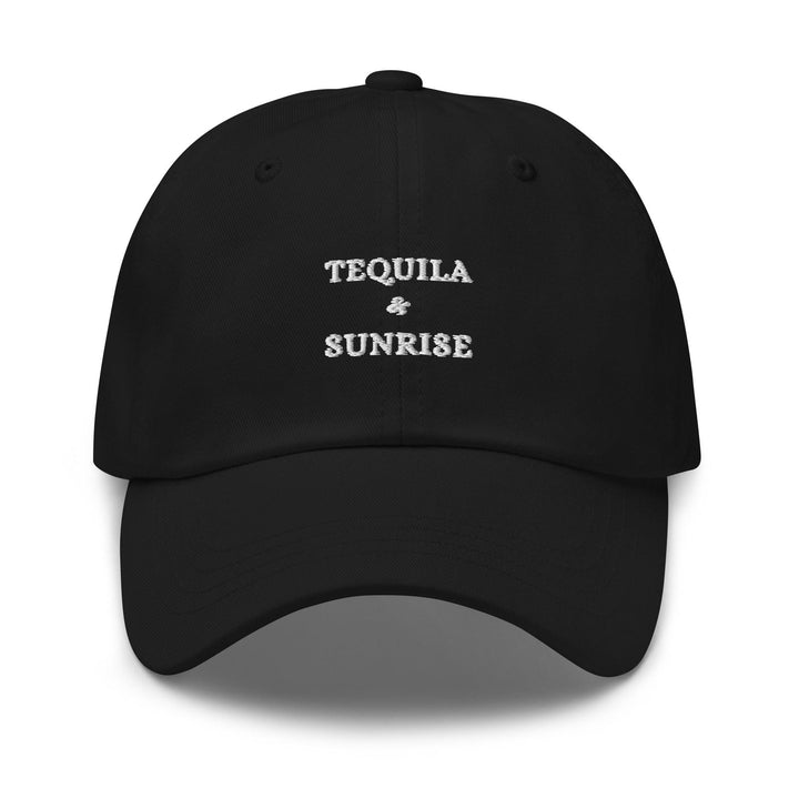 Introducing The Tequila & Sunrise Hat by Tequila & Sunrise: a black dad hat showcasing the brand's logo embroidered in white on the front, featuring an adjustable strap for a comfortable fit.