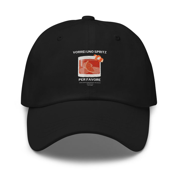 The UNO SPRITZ PER FAVORE Glass HAT by Tequila & Sunrise is a sleek black baseball cap showcasing a colorful spritz cocktail design, complemented by the Italian phrase "VORREI UNO SPRITZ PER FAVORE" artistically placed around it. Ideal for casual events, this hat features an adjustable strap for a perfect dad hat fit.