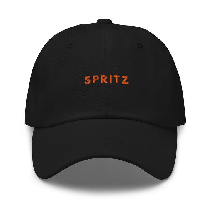 The Spritz Dad hat by Tequila & Sunrise is a low-profile black baseball cap with SPRITZ embroidered in orange on the front, complete with an adjustable strap for a perfect fit.