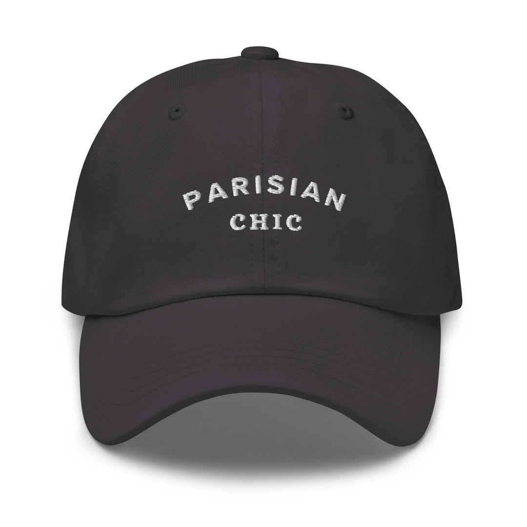 The Parisian Chic Dad Hat by Tequila & Sunrise is crafted from black chino cotton twill, featuring "PARISIAN CHIC" embroidered in white on the front and includes an adjustable strap for a perfect fit.