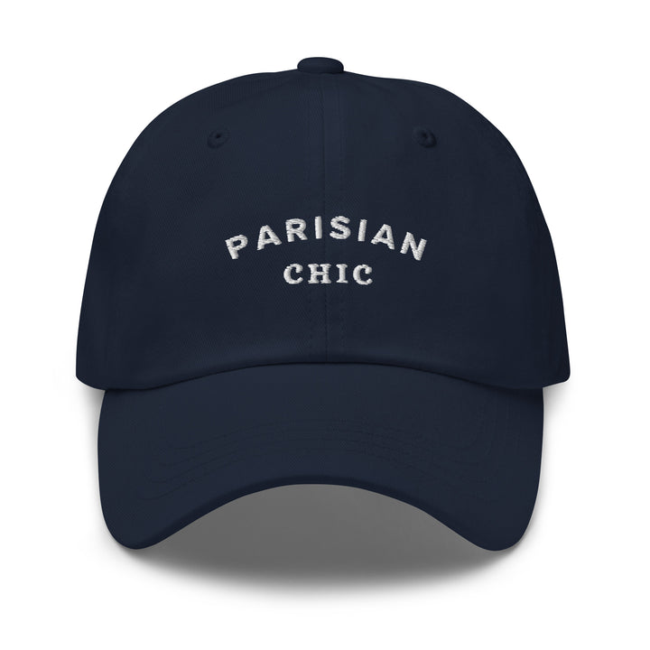 Introducing The Parisian Chic Dad Hat by Tequila & Sunrise: a navy blue baseball cap made from chino cotton twill, adorned with "Parisian Chic" embroidered in white on the front, and equipped with an adjustable strap for the perfect fit.