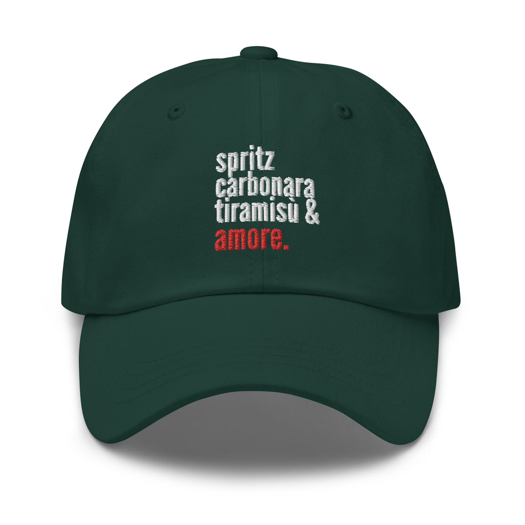 The Love from Italy Hat by Tequila & Sunrise is a green baseball cap made of chino cotton twill. It features white and red text that reads: spritz carbonara tiramisu & amore. Designed with an adjustable strap, it perfectly embodies the classic charm of dad hats.