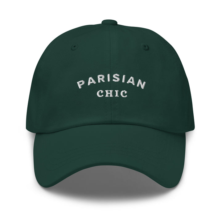 Tequila & Sunrise presents The Parisian Chic Dad hat, made from chino cotton twill in dark green, featuring "Parisian Chic" embroidered in white on the front and an adjustable strap for a perfect fit.