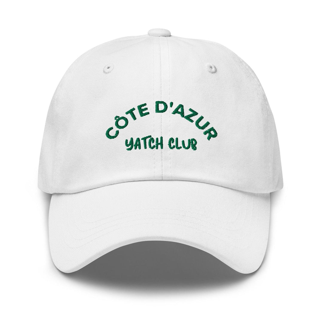 This fashionable CÔTE D'AZUR FRENCH RIVIERA HAT by Tequila & Sunrise showcases "Côte d'Azur Yacht Club" tastefully embroidered in green on the front, embodying the charm of the French Riviera.