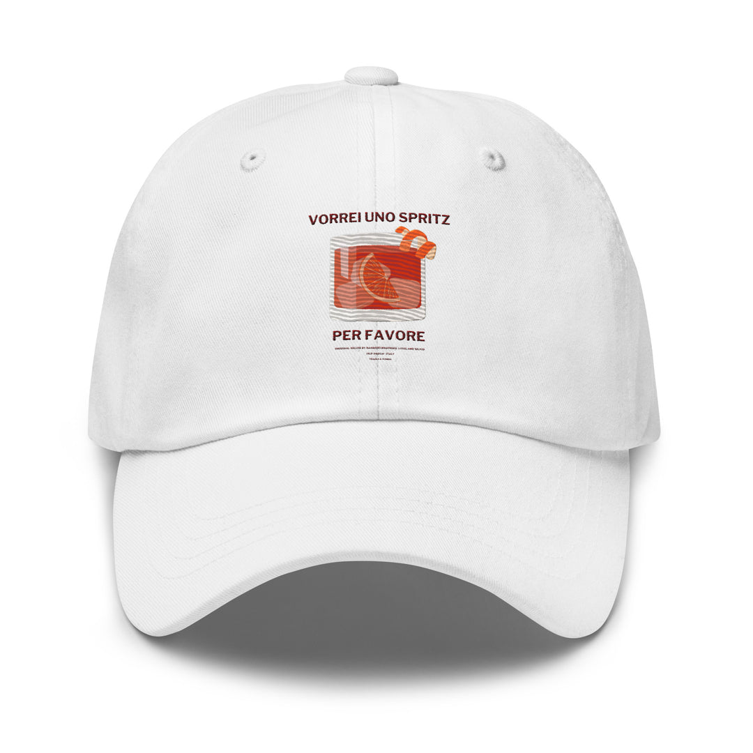 This low-profile baseball cap, named THE UNO SPRITZ PER FAVORE Glass HAT by Tequila & Sunrise, features the text VORREI UNO SPRITZ PER FAVORE and an illustration of a spritz cocktail. It includes an adjustable strap for a perfect fit, combining comfort and style in the classic Dad hat fashion.