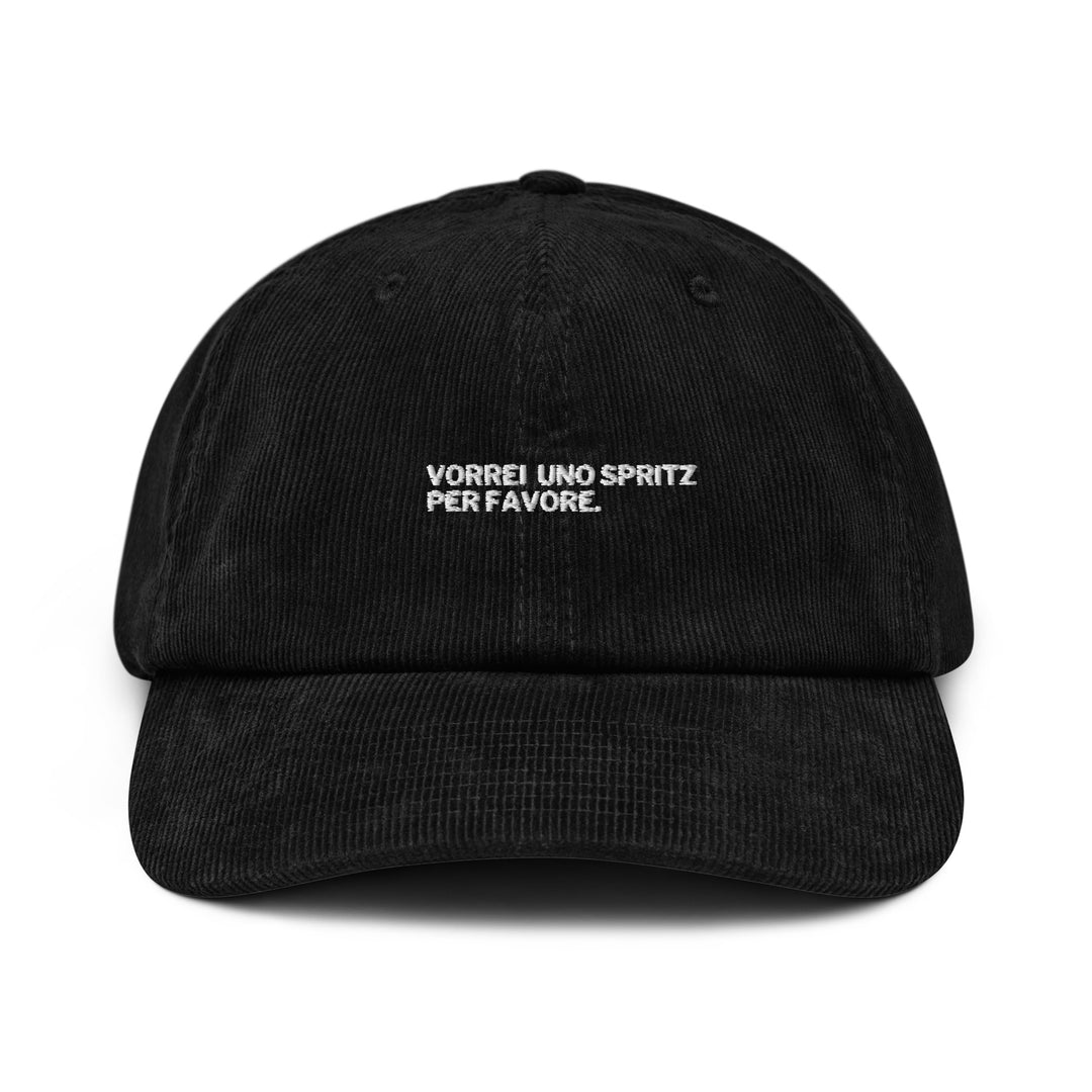 The "Vorrei Uno Spritz Per Favore" Hat by Tequila & Sunrise is a black dad hat embroidered in white on the front, and it comes with an adjustable strap for an ideal fit.