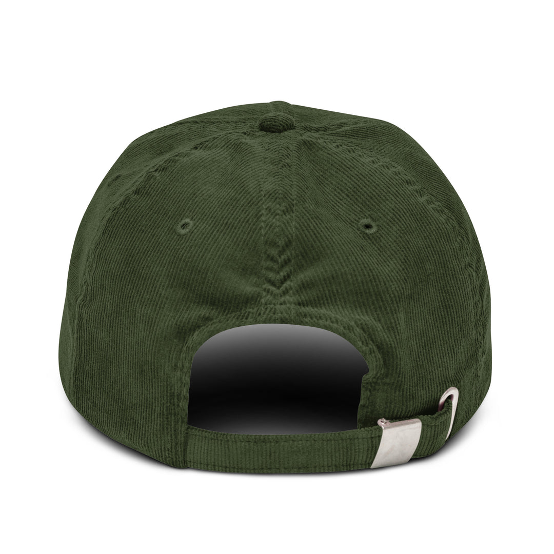 Rear view of The Champagne Corduroy hat in green, made by Tequila & Sunrise from cotton corduroy, featuring an adjustable strap and a metal buckle.