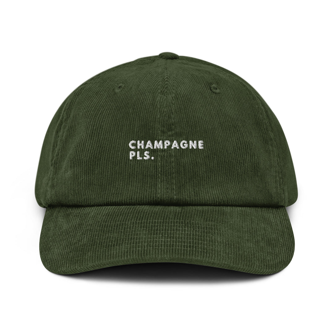 Tequila & Sunrise's The Champagne Please Corduroy hat is crafted from green cotton corduroy and includes an adjustable buckle, adorned with embroidered white text spelling out "CHAMPAGNE PLS.