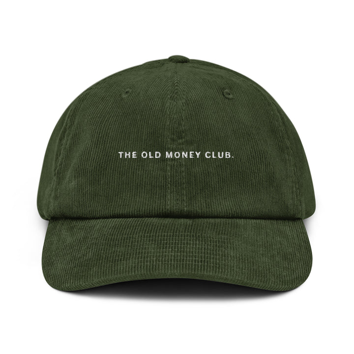 The Old Money Club Corduroy Hat by Tequila & Sunrise showcases a green corduroy design with elegant white embroidery on the front. It features a soft crown for added comfort and an adjustable buckle to ensure the perfect fit, combining style with timeless appeal.