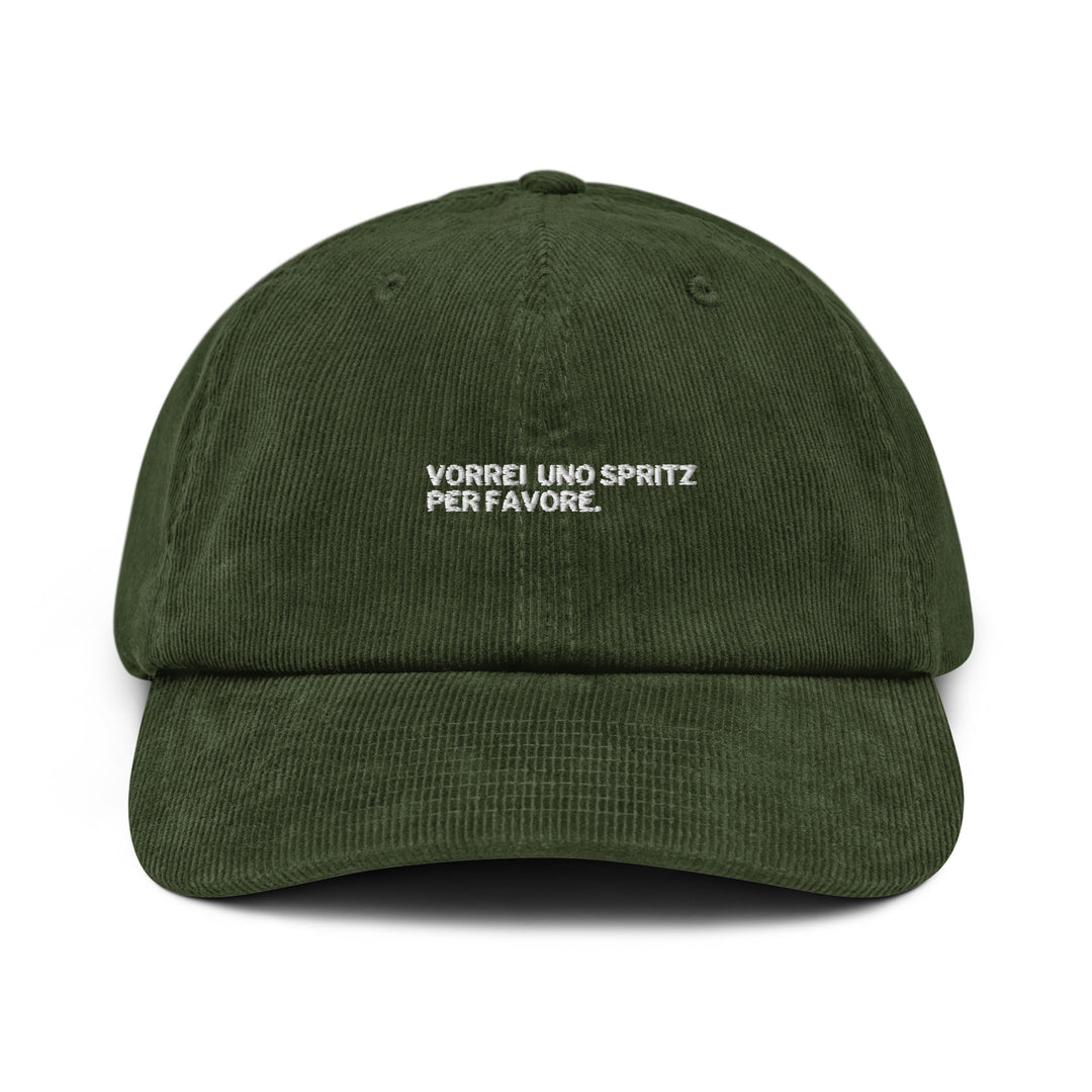 The "Vorrei Uno Spritz Per Favore" Hat by Tequila & Sunrise is a green dad hat with the embroidered in white on the front, and it comes with an adjustable strap for an ideal fit.