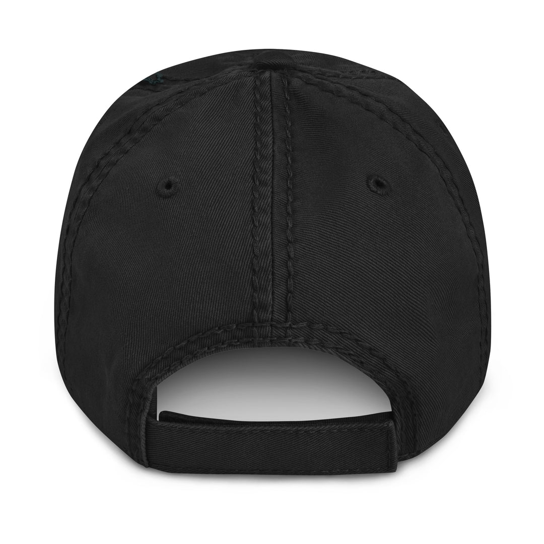 Back view of The Wine & Wellness Club distressed dad hat by Tequila & Sunrise is a black hat crafted from chino cotton twill. It features an adjustable strap for a perfect fit.