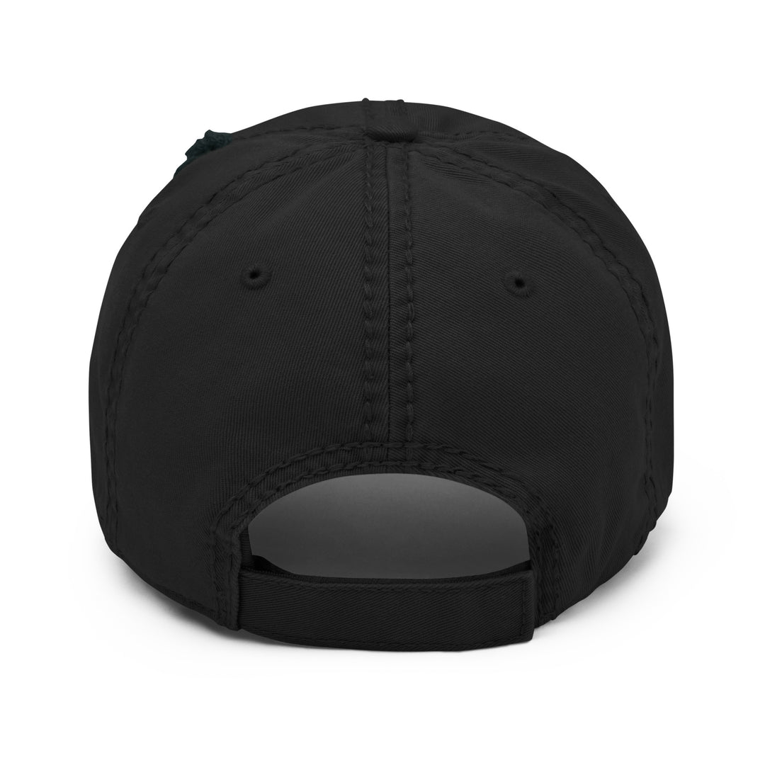 Back view of The CEO of Dolce Vita Hat by Tequila & Sunrise, in black cotton twill, featuring an adjustable strap, stitching details, and a distressed brim.