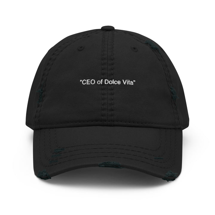 The CEO of Dolce Vita Hat by Tequila & Sunrise is a black dad hat with the text "CEO of Dolce Vita" in white on the front. Made from cotton twill, it showcases a stylish, distressed brim for that well-loved appearance.