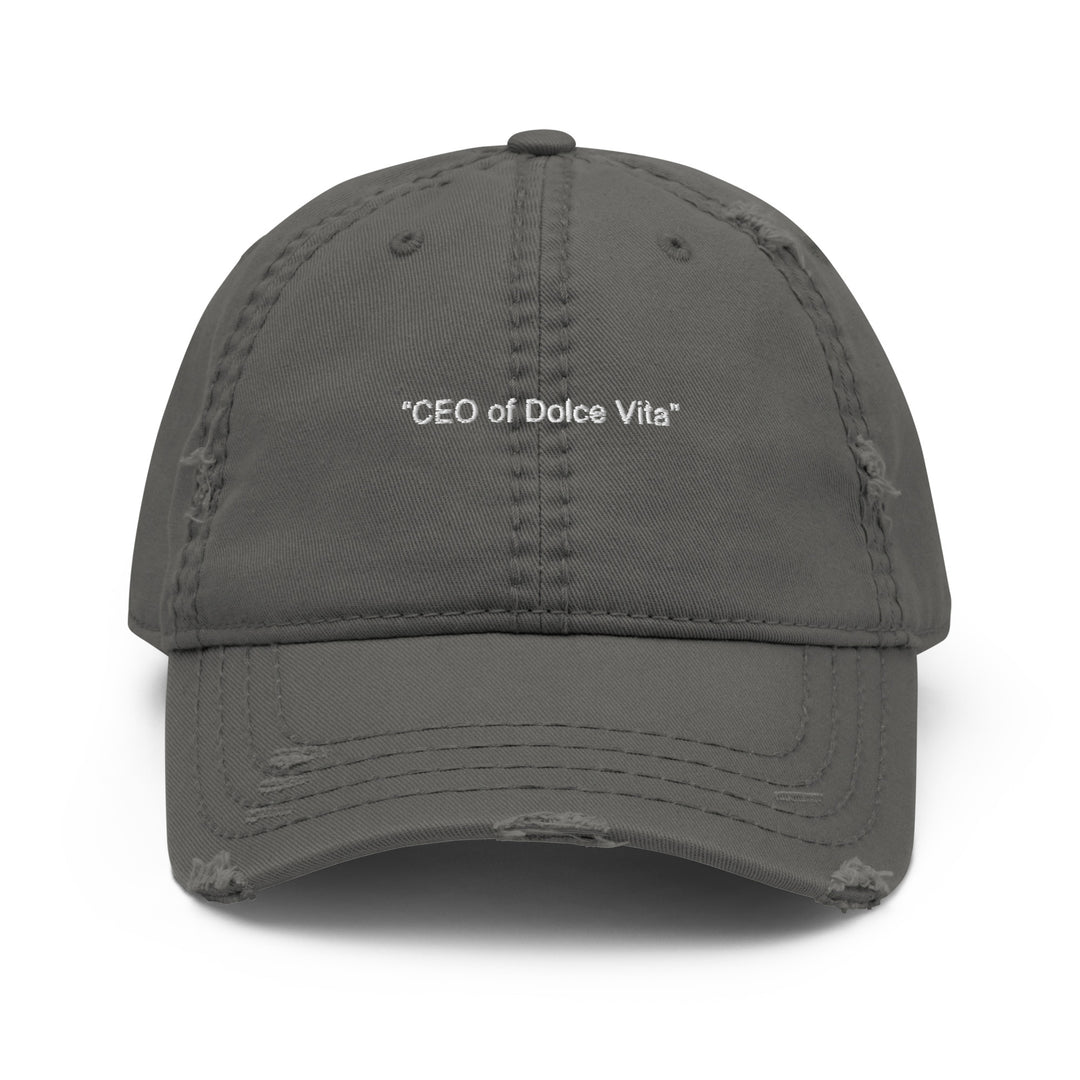 Distressed gray dad hat crafted from cotton twill, featuring "CEO of Dolce Vita" text on the front, by Tequila & Sunrise.