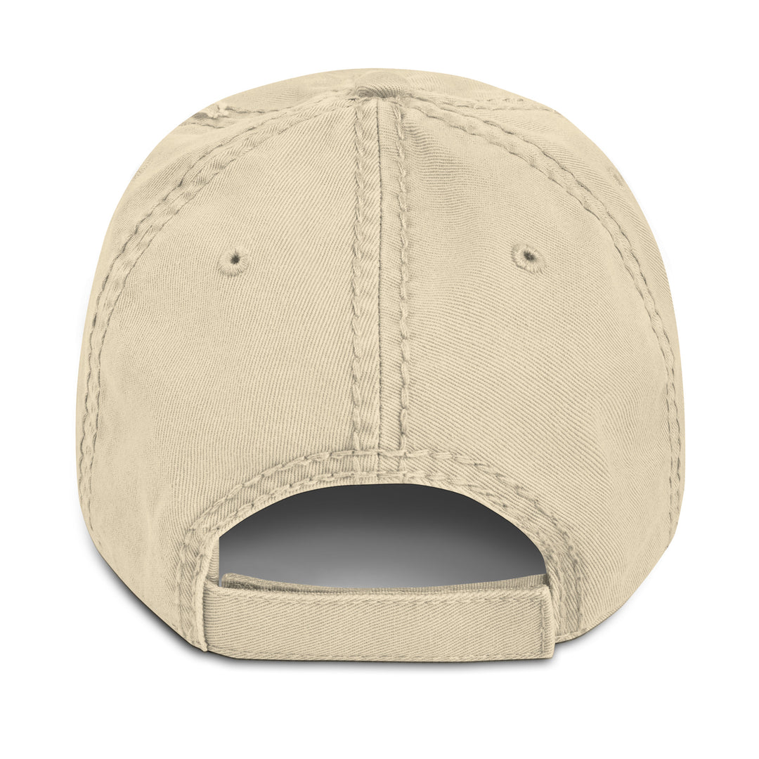 Back view of The Wine & Wellness Club distressed dad hat by Tequila & Sunrise is a khaki hat crafted from chino cotton twill. It features an adjustable strap for a perfect fit.