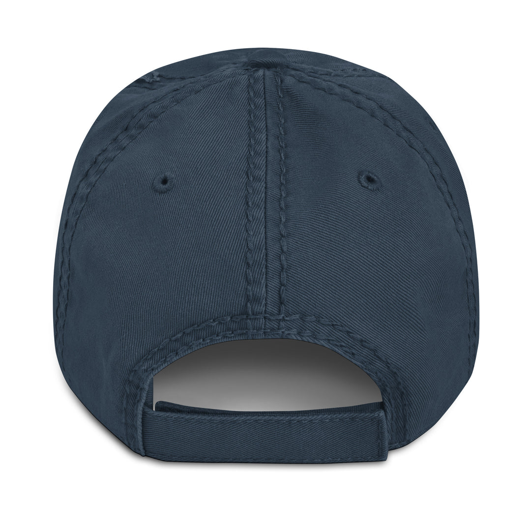 Back view of The Wine & Wellness Club distressed dad hat by Tequila & Sunrise is a navy hat crafted from chino cotton twill. It features an adjustable strap for a perfect fit.