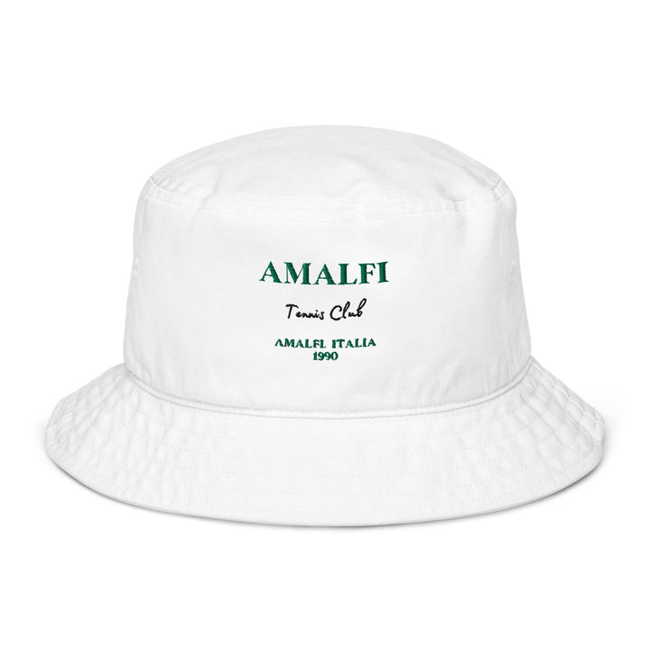 The Amalfi Italia Organic Bucket Hat by Tequila & Sunrise displays "AMALFI Tennis Club" and "AMALFI ITALIA 1990" in green and black text, offering excellent sun protection as you explore the scenic Amalfi Coast.