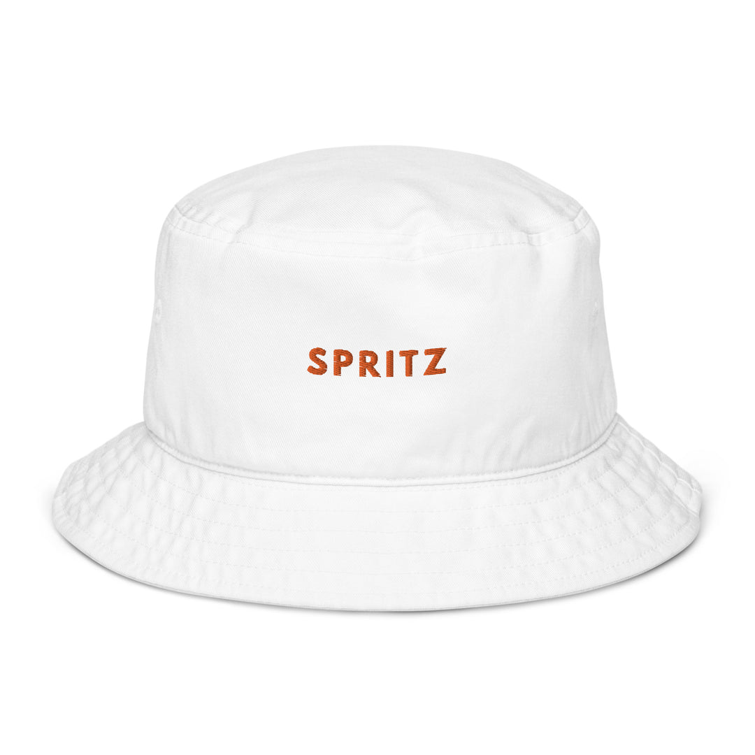 The Spritz Organic Bucket Hat by Tequila & Sunrise is made from 100% organic cotton and showcases the word SPRITZ embroidered in vibrant orange on the front.