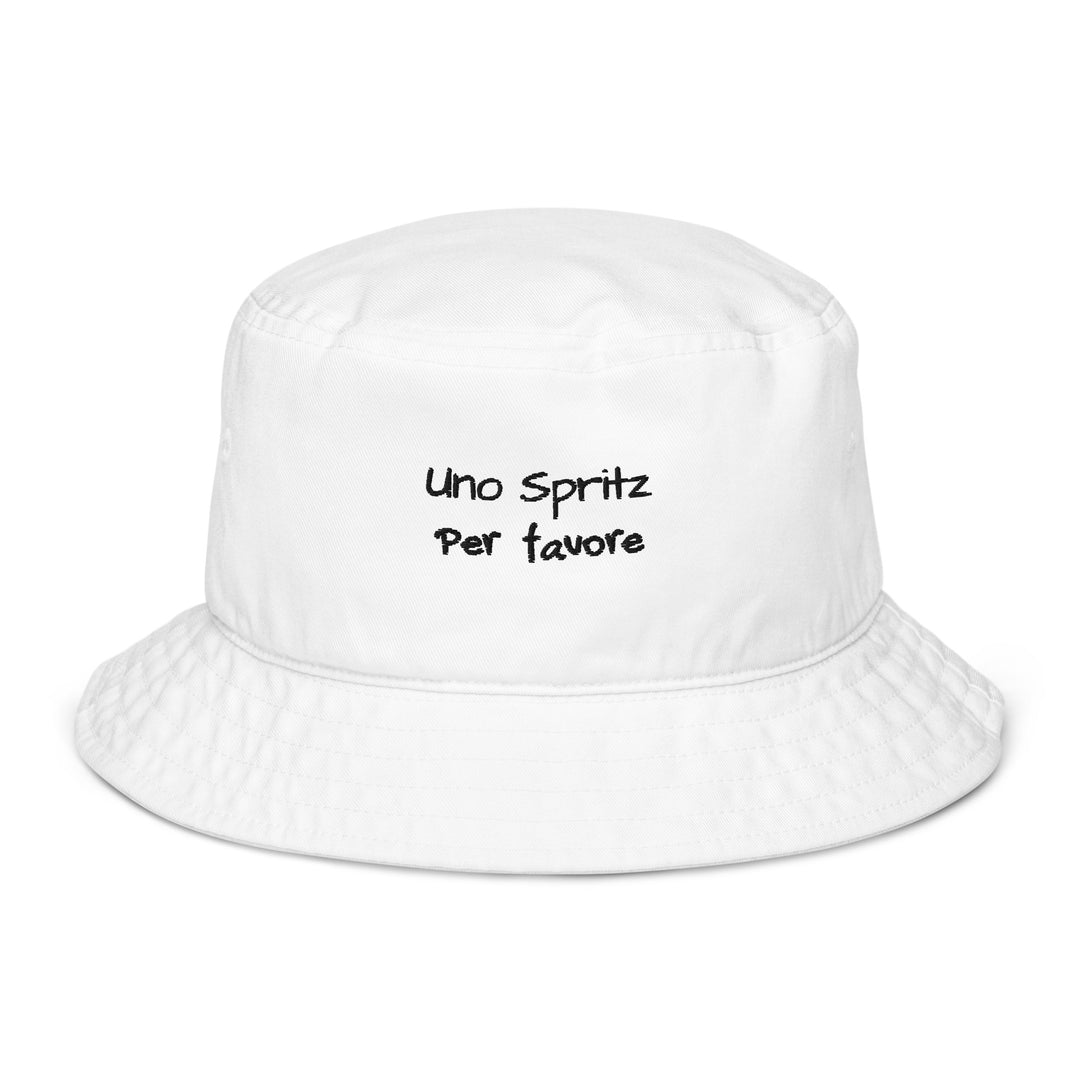 The Uno Spritz Per Favore by Tequila & Sunrise is a white bucket hat, showcasing black text that reads "uno spritz per favore.