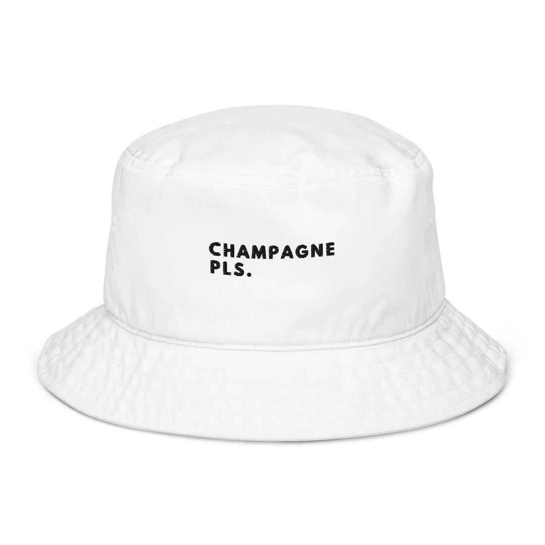 Tequila & Sunrise presents The Champagne Please Organic Bucket Hat, an eco-friendly white hat crafted from 100% cotton twill, featuring the words "CHAMPAGNE PLS." embroidered in black on the front.