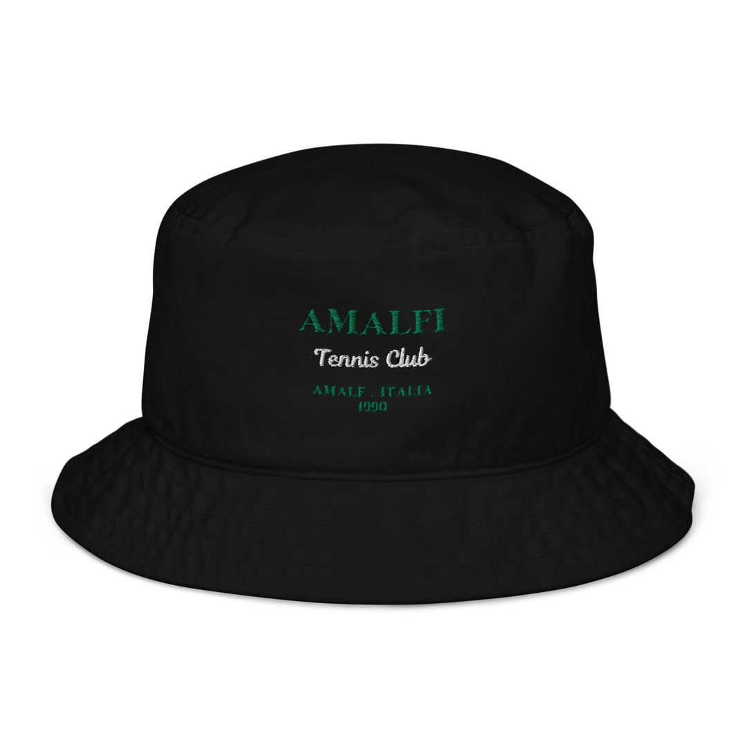 The Amalfi Italia Organic Bucket Hat by Tequila & Sunrise features "AMALFI Tennis Club, AMALFI, ITALIA 1990" beautifully embroidered in green and white on the front. Ideal for sun protection during leisurely walks along the Amalfi Coast.