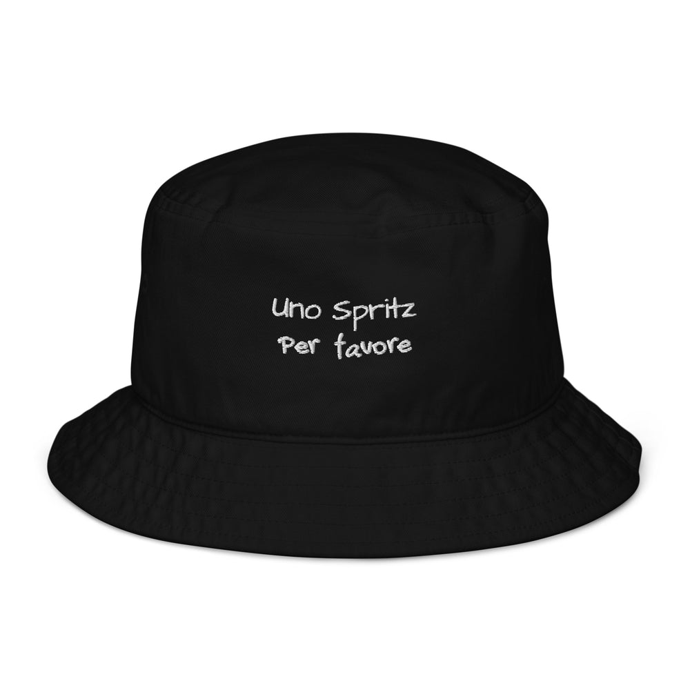 The Uno Spritz Per Favore by Tequila & Sunrise is a black bucket hat, showcasing white text that reads "uno spritz per favore.