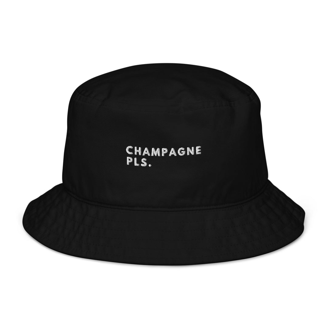 Tequila & Sunrise's The Champagne Please Organic Bucket Hat is a black, 100% cotton twill accessory with the playful text "CHAMPAGNE PLS." embroidered in white across the front, perfect for adding a touch of whimsy to your eco-friendly fashion ensemble.