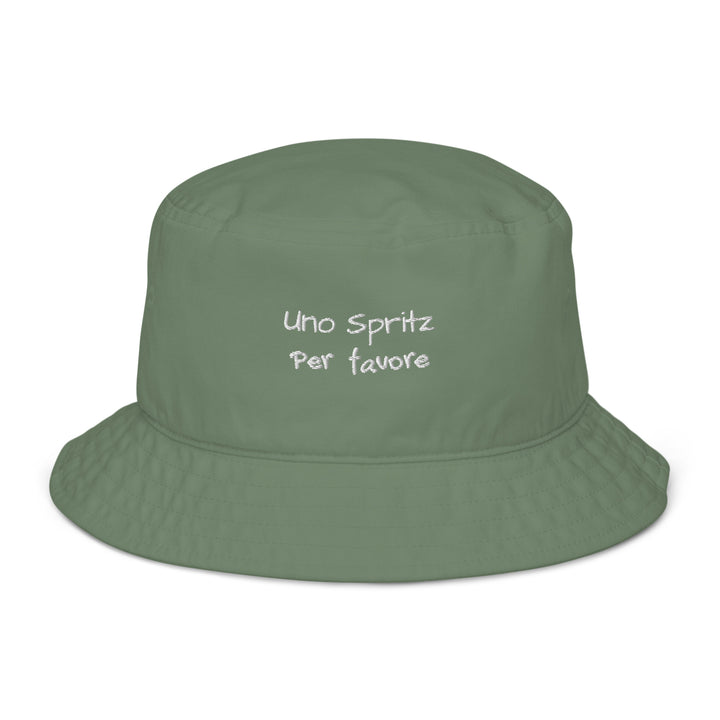 The Uno Spritz Per Favore by Tequila & Sunrise is a green bucket hat, showcasing white text that reads "uno spritz per favore.