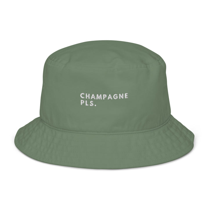 The Champagne Please Organic Bucket Hat by Tequila & Sunrise is an eco-friendly green hat made from 100% cotton twill, featuring white text on the front that reads "CHAMPAGNE PLS.