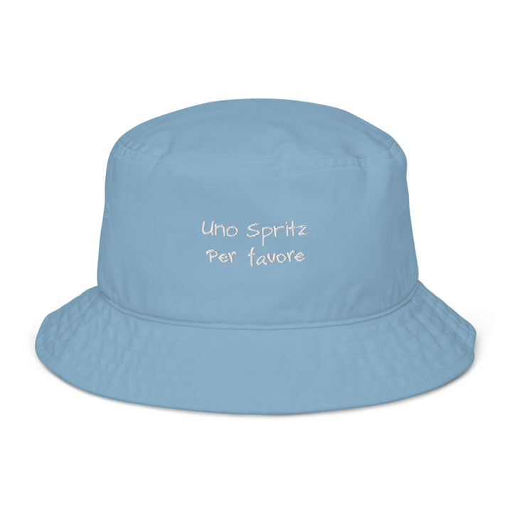 The Uno Spritz Per Favore by Tequila & Sunrise is a blue bucket hat, showcasing white text that reads "uno spritz per favore.