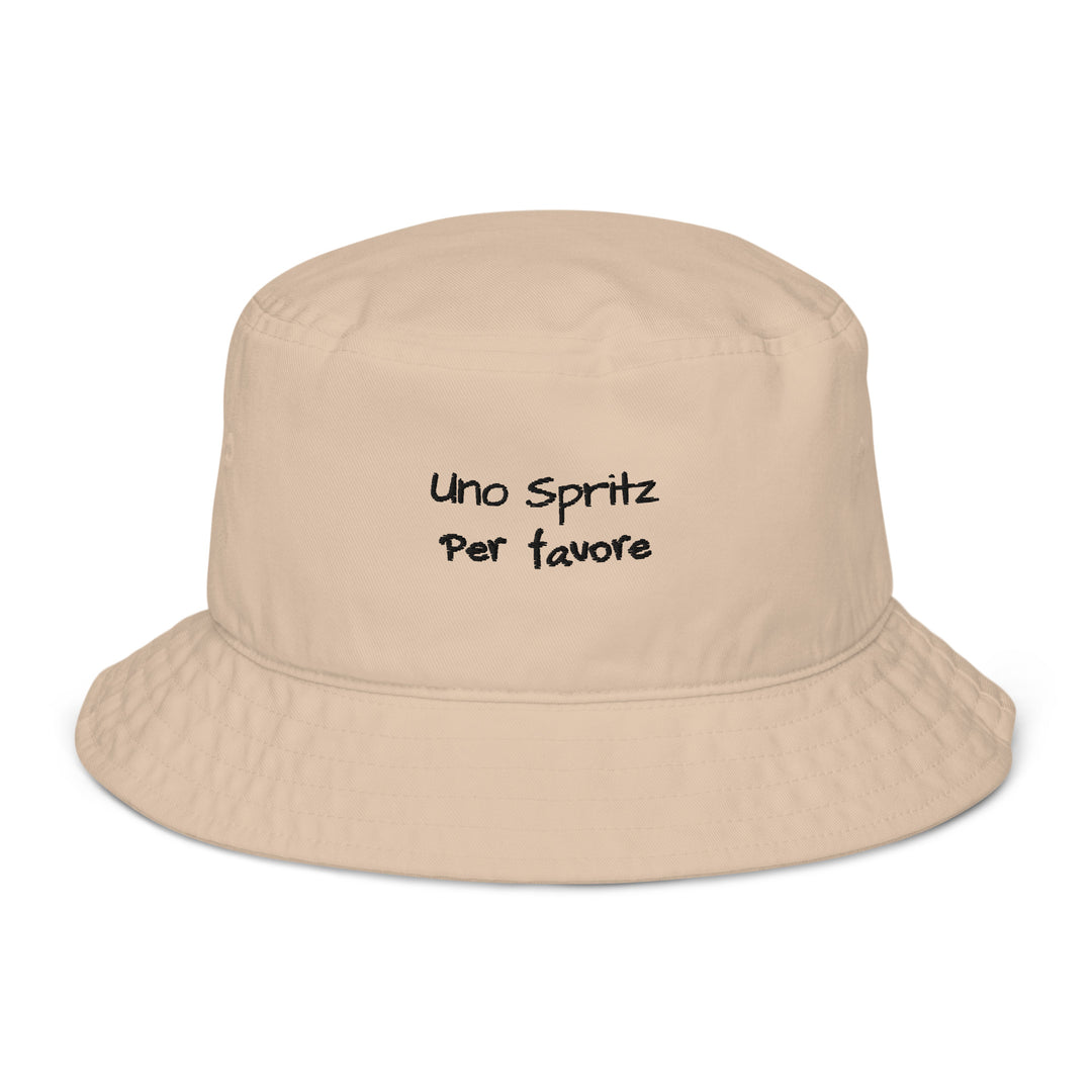 The Uno Spritz Per Favore by Tequila & Sunrise is a stone bucket hat, showcasing black text that reads "uno spritz per favore.