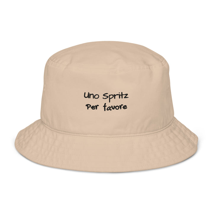 The Uno Spritz Per Favore by Tequila & Sunrise is a stone bucket hat, showcasing black text that reads "uno spritz per favore.