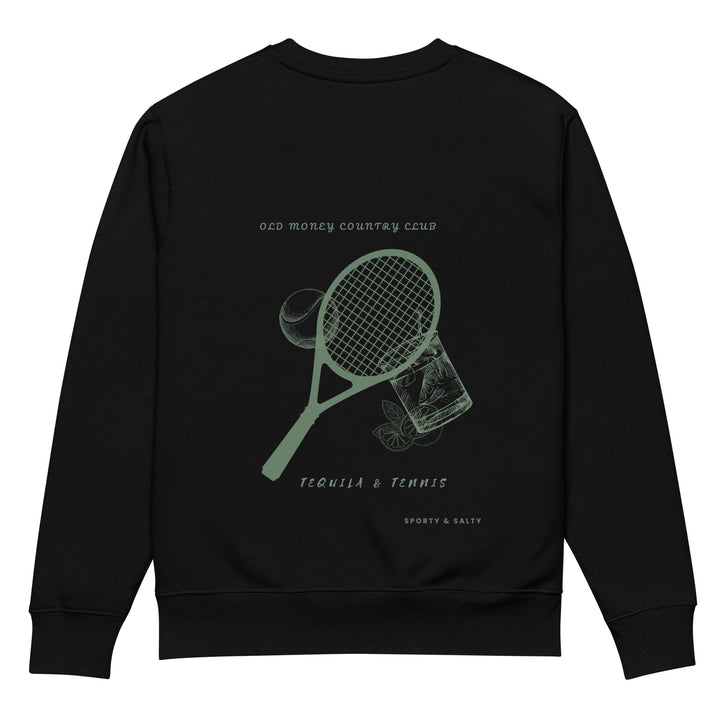 This sporty and salty black sweatshirt, known as The Old Money Country Club Eco Sweatshirt by Tequila & Sunrise, is crafted from organic cotton and features a green design of a tennis racket alongside a tequila glass with lime. It's perfect for those who appreciate style with a twist, featuring the words "Old Money Country Club" and "Tequila & Tennis.